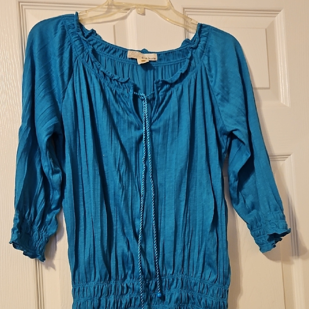 Teal Smocked Puff Sleeve Blouse with Tie Front